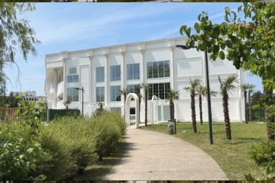 Un musicien jouant du saxophone accompagné d'une femme souriante dansant dans un décor élégant.