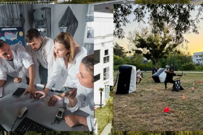 Un musicien jouant du saxophone accompagné d'une femme souriante dansant dans un décor élégant.