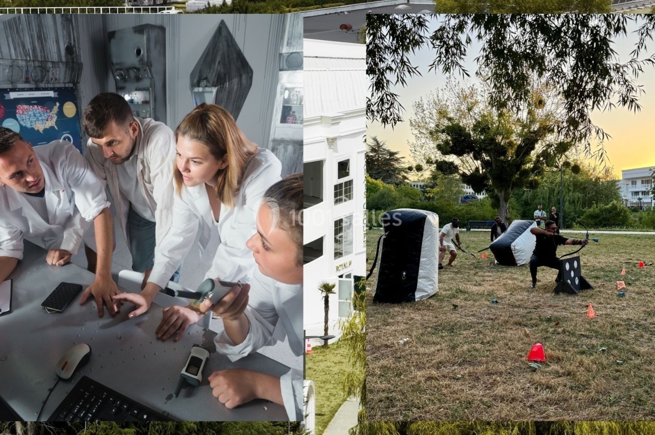 À gauche, des personnes en blouses blanches discutent autour d'une table ; à droite, une activité de tir à l'arc en plein…