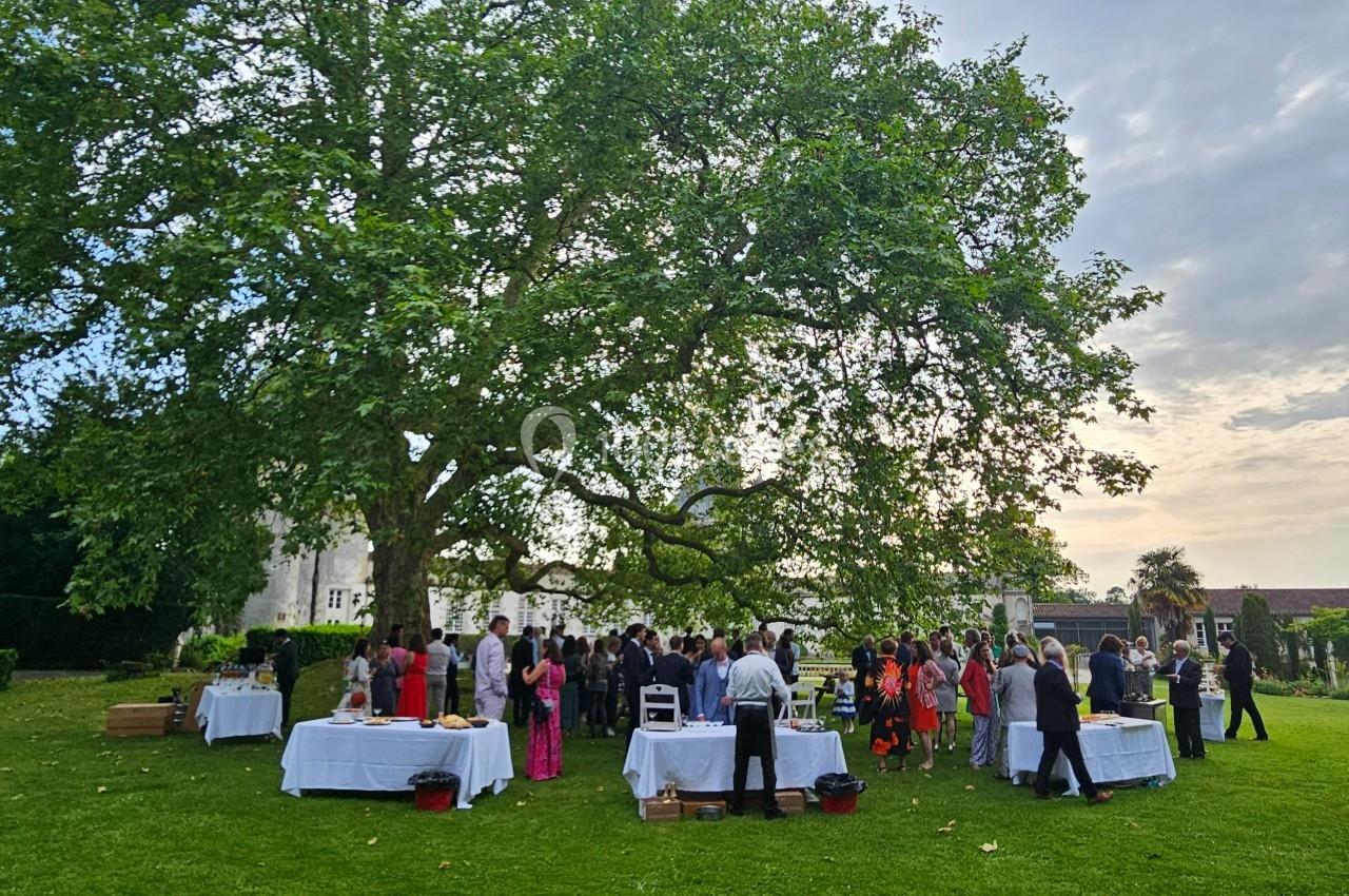 Groupe de personnes rassemblées sous un grand arbre dans un jardin, autour de tables dressées pour un événement en plein air.
