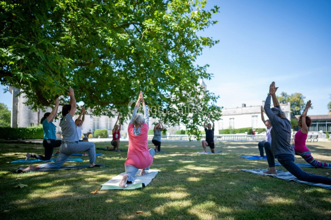 Personnes pratiquant le yoga en plein air sur une pelouse, sous un grand arbre, par une journée ensoleillée.