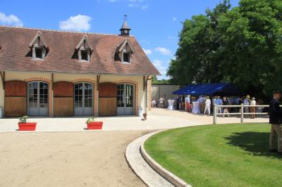 Piscine extérieure avec terrasse en pierre, cabane en bois et arbres en arrière-plan par une journée ensoleillée.