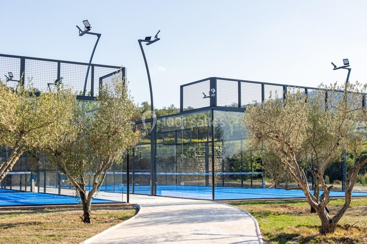 Terrains de padel extérieurs entourés d'arbres et éclairés par des lampadaires, avec un chemin en premier plan.