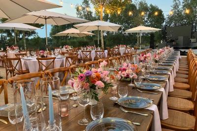 Terrains de padel extérieurs entourés d'arbres et éclairés par des lampadaires, avec un chemin en premier plan.