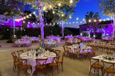 Terrains de padel extérieurs entourés d'arbres et éclairés par des lampadaires, avec un chemin en premier plan.