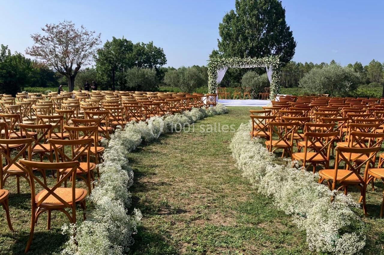 Allée décorée de gypsophiles menant à une arche de mariage entourée de chaises en bois dans un jardin en plein air.