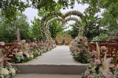 Terrains de padel extérieurs entourés d'arbres et éclairés par des lampadaires, avec un chemin en premier plan.