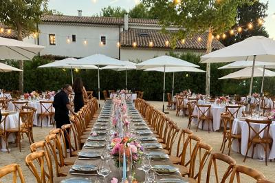 Terrains de padel extérieurs entourés d'arbres et éclairés par des lampadaires, avec un chemin en premier plan.