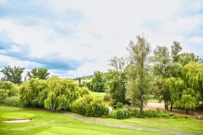Étang calme entouré d'arbres avec un paysage vallonné en arrière-plan sous une lumière naturelle.