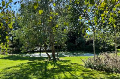 Salon lumineux avec poutres apparentes, canapé blanc, table basse en bois, lampes allumées et vue sur jardin.