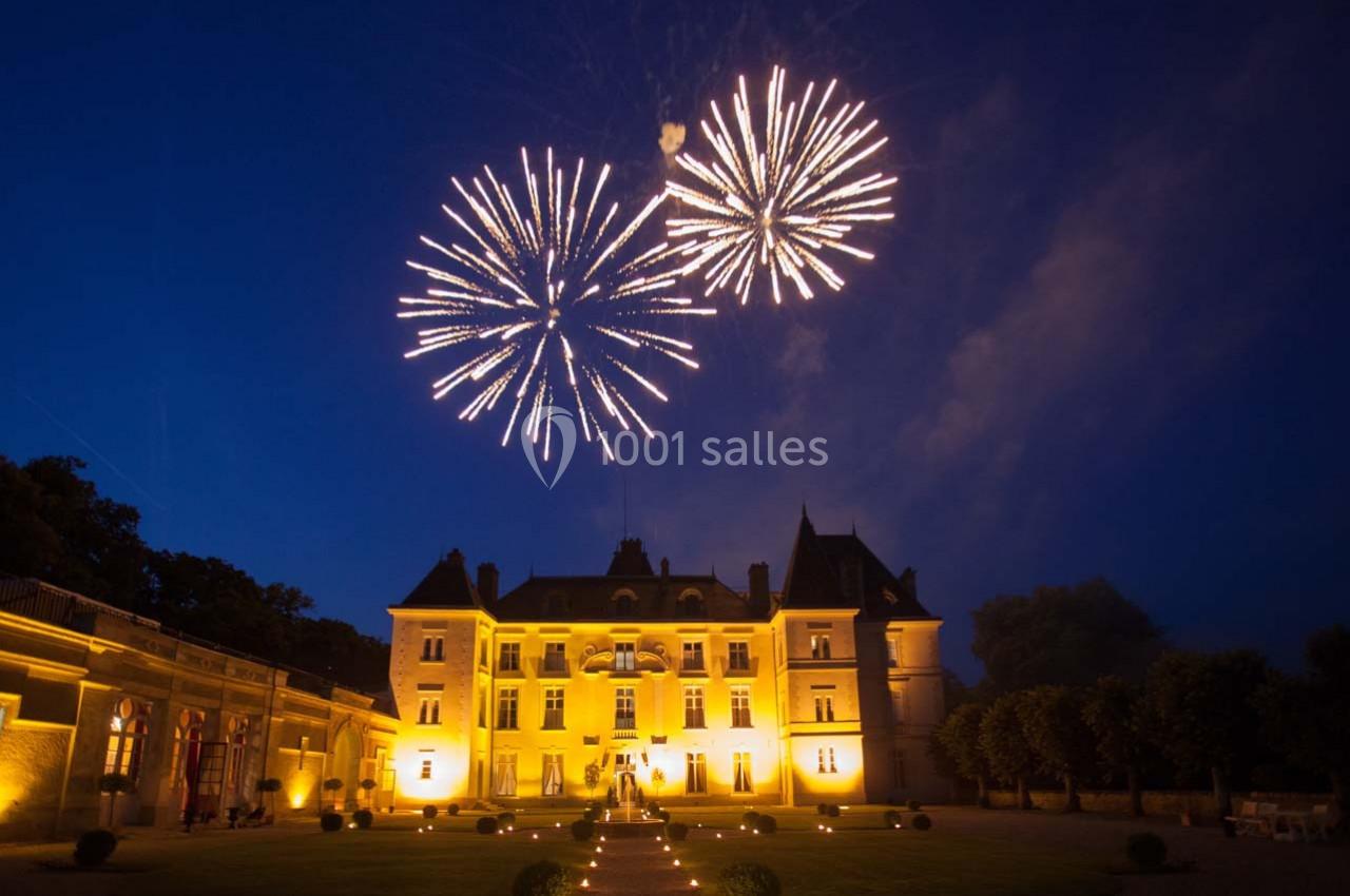 Feu d'artifice illuminant le ciel nocturne au-dessus d'un château éclairé, entouré de jardins.