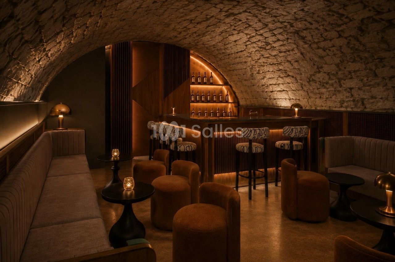 Bar élégant sous une voûte en pierre, avec éclairage tamisé, tabourets, tables basses et banquettes rembourrées.