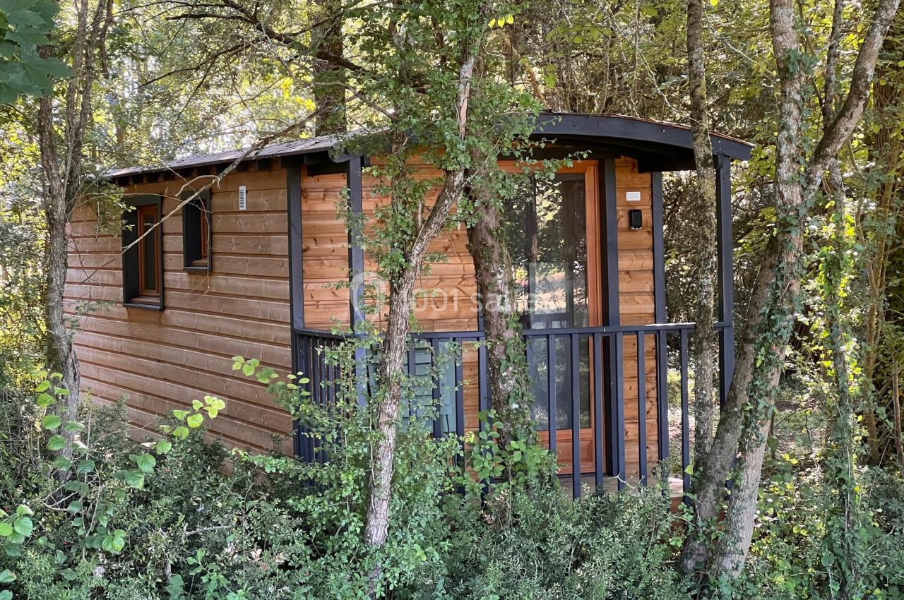 Cabane en bois entourée d'arbres et de végétation, avec une petite terrasse et des fenêtres vitrées.