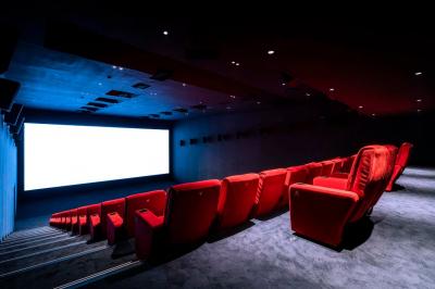 Façade d'un cinéma avec deux grandes portes vitrées, affiches de films et architecture en pierre apparente.