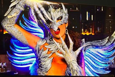 Personne portant un costume élaboré avec des ailes et un masque argenté, dans un décor intérieur faiblement éclairé.