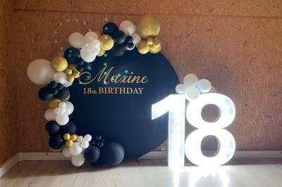 Décoration d'anniversaire avec ballons violets et blancs, chiffre lumineux ’18’ et présentoirs cylindriques blancs.