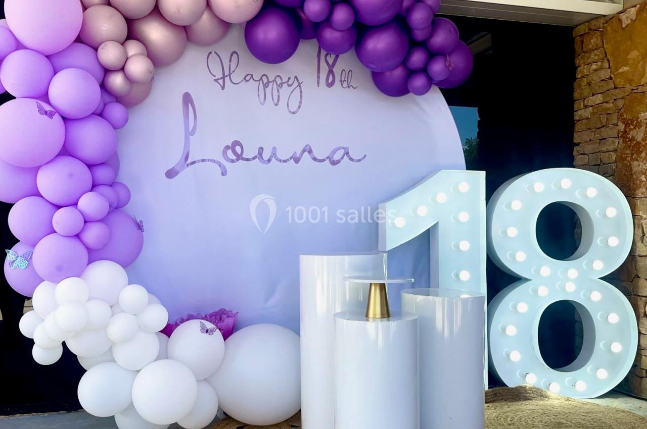 Décoration d'anniversaire avec ballons violets et blancs, chiffre lumineux ’18’ et présentoirs cylindriques blancs.