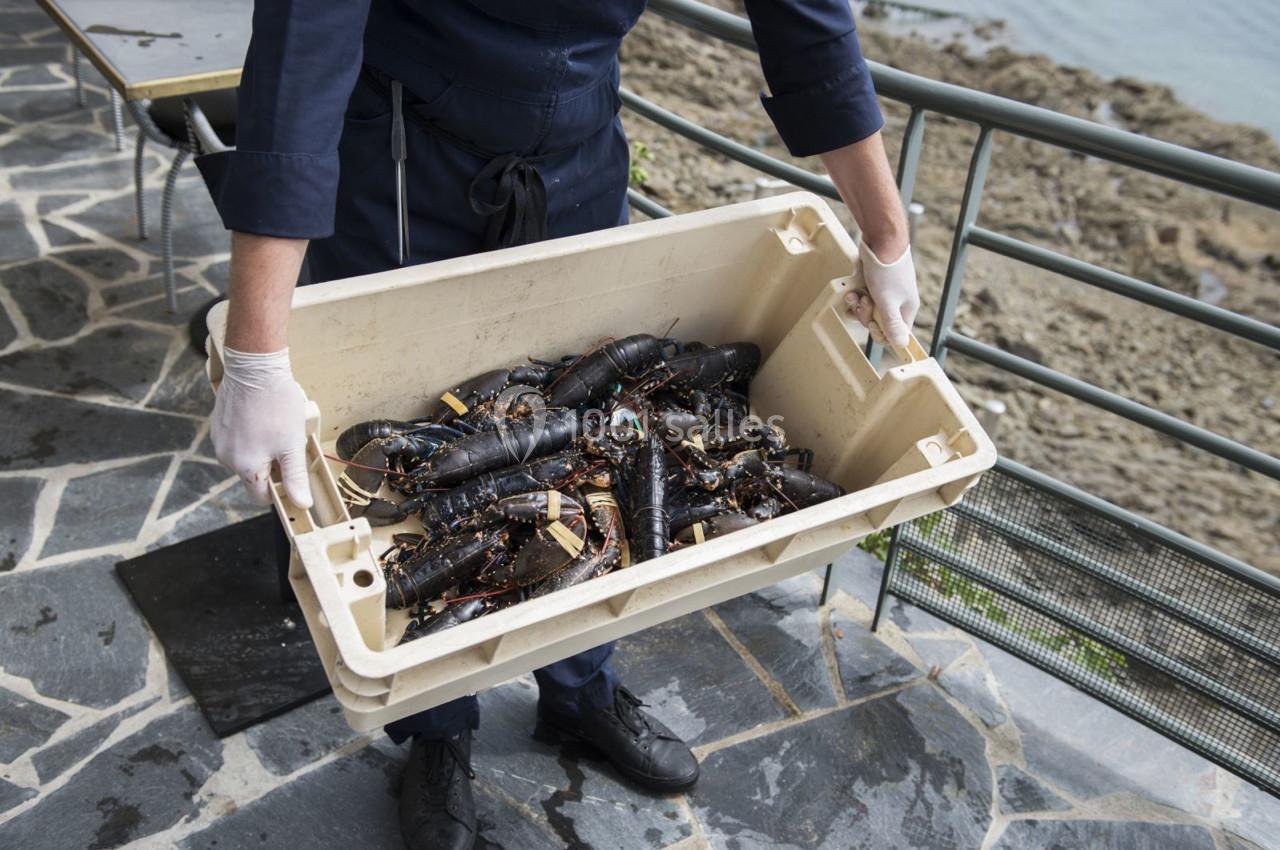 Une personne transporte une caisse remplie de homards vivants sur une terrasse en pierre près de la mer.