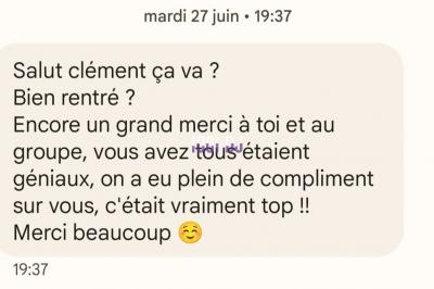 Message WhatsApp remerciant ’Clément’ pour une fête incroyable, envoyé aujourd'hui à 18h45.