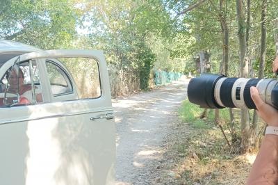 Une femme lit un discours devant un couple assis sous une arche décorée, lors d'une cérémonie en extérieur.