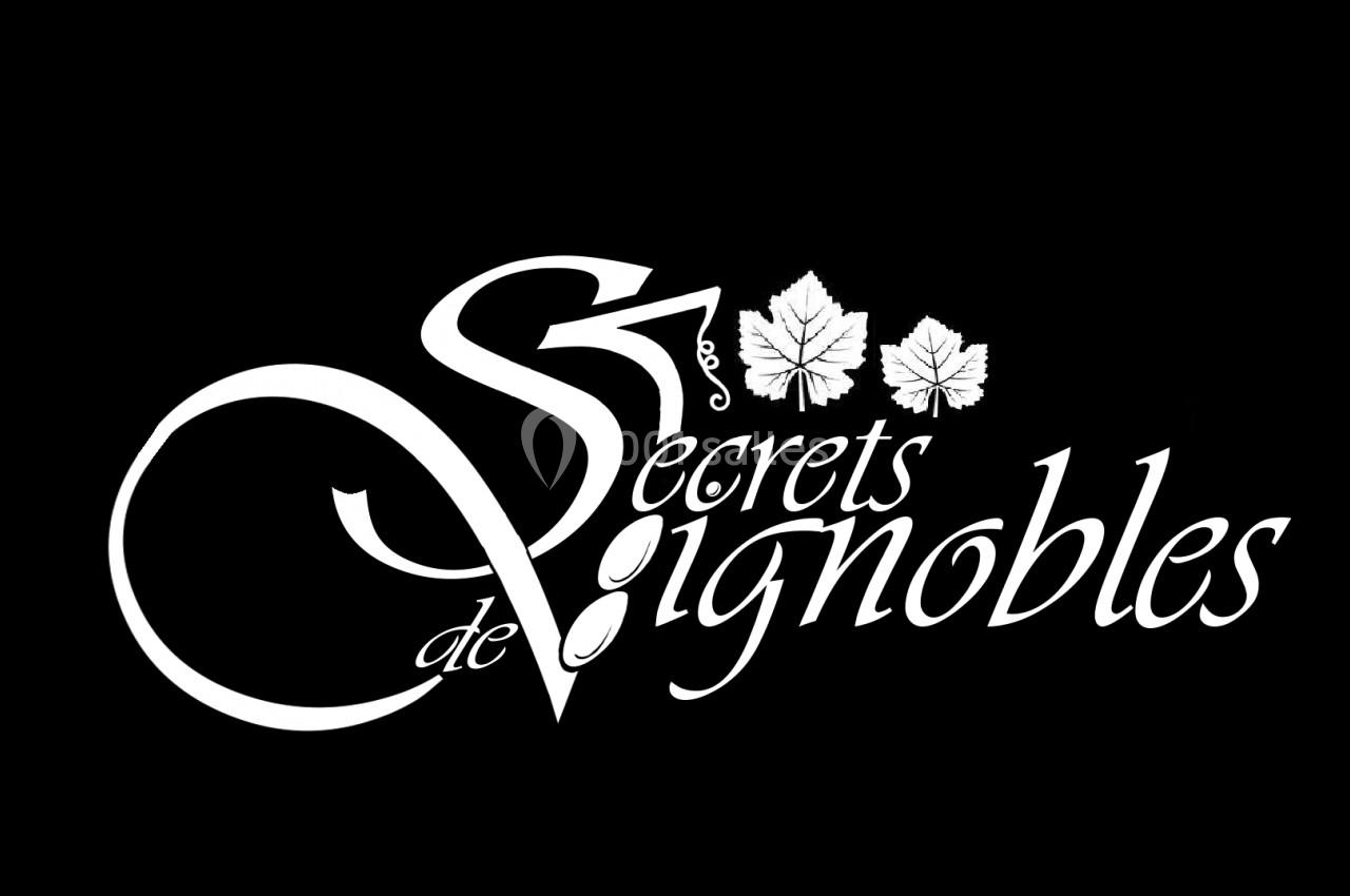 Logo avec le texte ’Secrets de Vignobles’ en blanc, décoré de feuilles de vigne, sur fond noir.