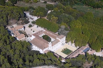 Miniature Location salle Beaucaire (Gard) - Domaine de Saint Félix #2 Cour intérieure avec des plantes, une statue en premier plan et un groupe de personnes rassemblées près d'un bâtiment ancien.