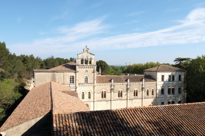 Miniature Location salle Beaucaire (Gard) - Domaine de Saint Félix #8 Façade d'un bâtiment historique blanc avec une cour aménagée de pelouse, d'arbustes et d'arbres jeunes.