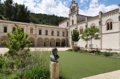 Miniature Location salle Beaucaire (Gard) - Domaine de Saint Félix #30 Façade d'un bâtiment historique blanc avec une cour aménagée de pelouse, d'arbustes et d'arbres jeunes.