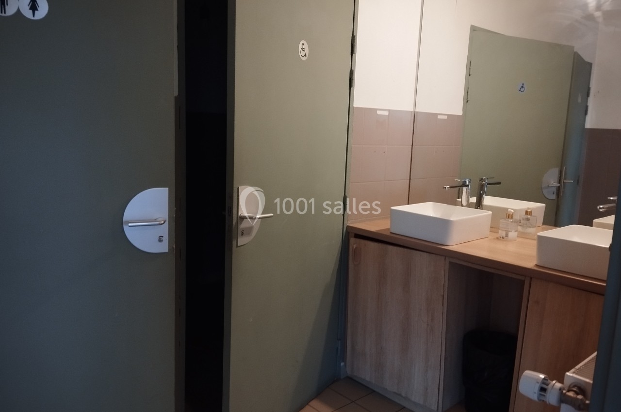Portes de toilettes avec pictogrammes et lavabo double sur meuble en bois dans un espace sanitaire.