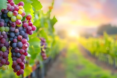 Vignes verdoyantes bordées d'arbres avec une montagne en arrière-plan sous un ciel dégagé.