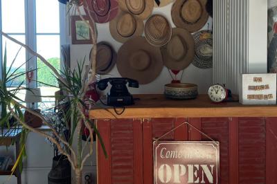 Façade d'une maison beige à volets verts, reflétée dans un bassin entouré de pierres et de végétation.