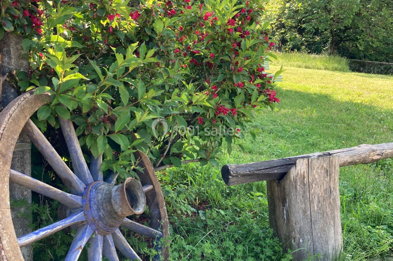 Roue en bois appuyée contre un buisson fleuri, avec un banc rustique en tronc d'arbre sur une pelouse ensoleillée.