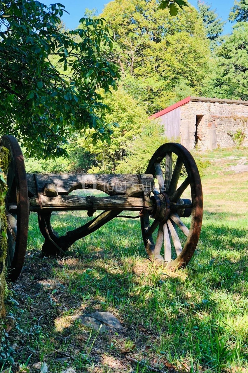 Charrette en bois ancienne avec roues en bois, posée sur une pelouse près d'un mur de pierre et d'arbres verdoyants.