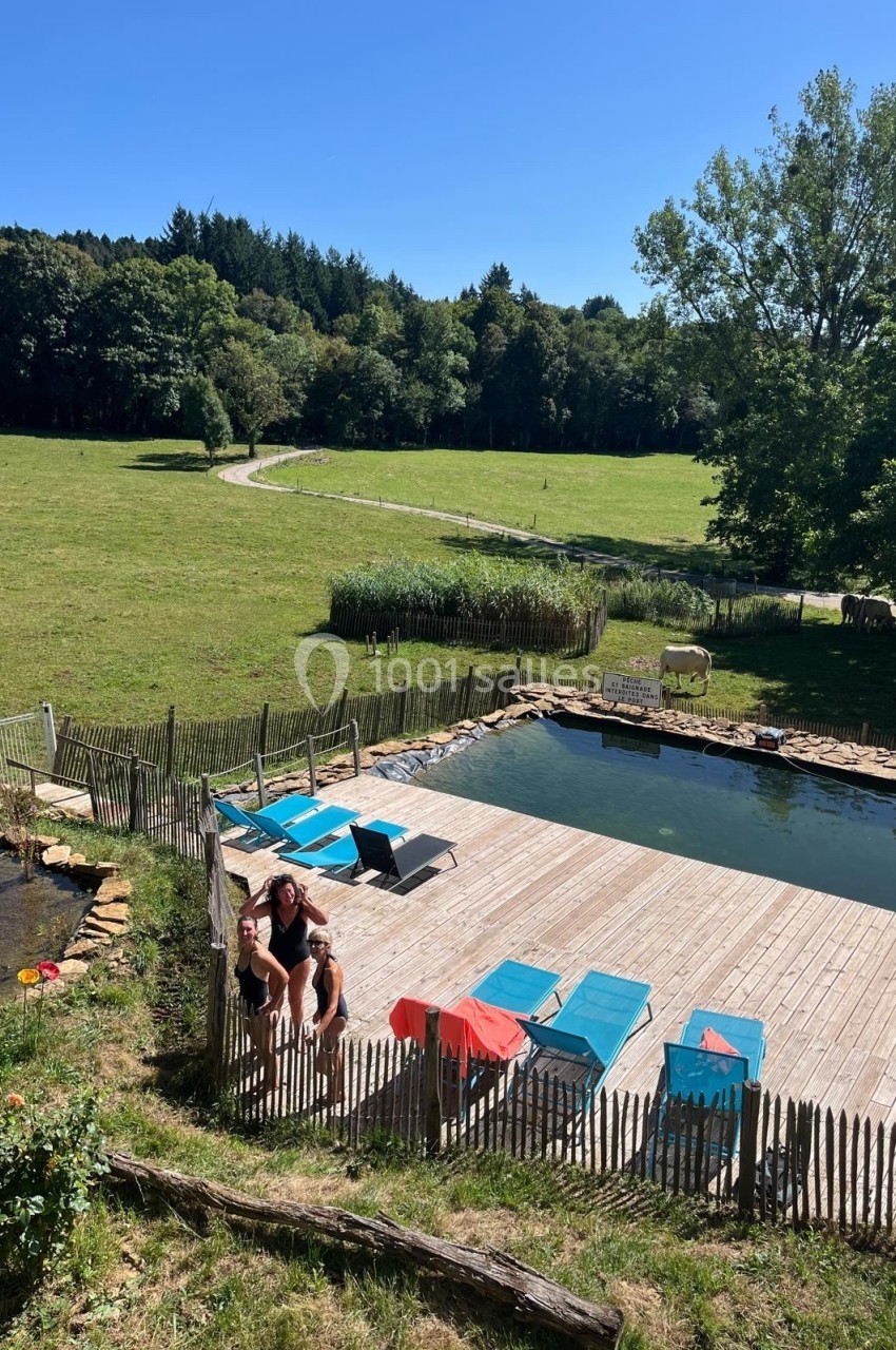 Terrasse en bois avec transats autour d'une piscine naturelle, entourée de prairies et d'arbres sous un ciel dégagé.