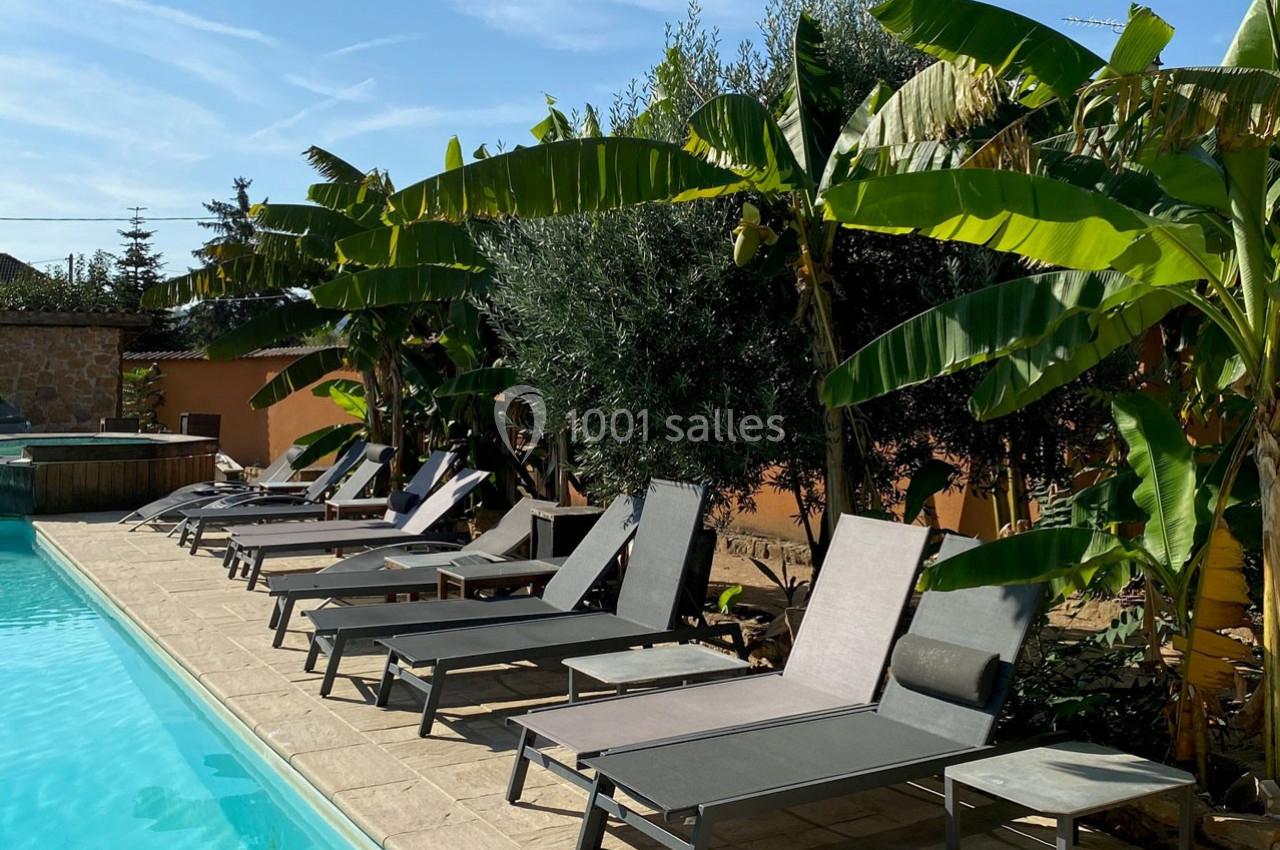 Chaises longues alignées près d'une piscine, entourées de bananiers et d'oliviers sous un ciel dégagé.