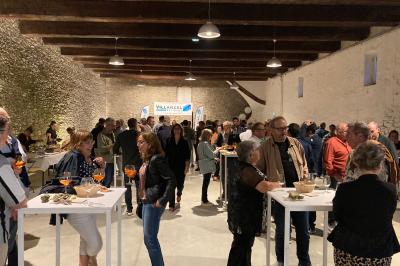 Des personnes assises dans une salle assistent à une présentation projetée sur un mur, avec documents en main.