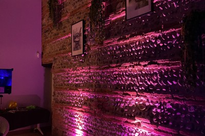 Bâtiment en briques rouges avec une allée bordée de pelouses et des drapeaux visibles au loin sous un ciel dégagé.