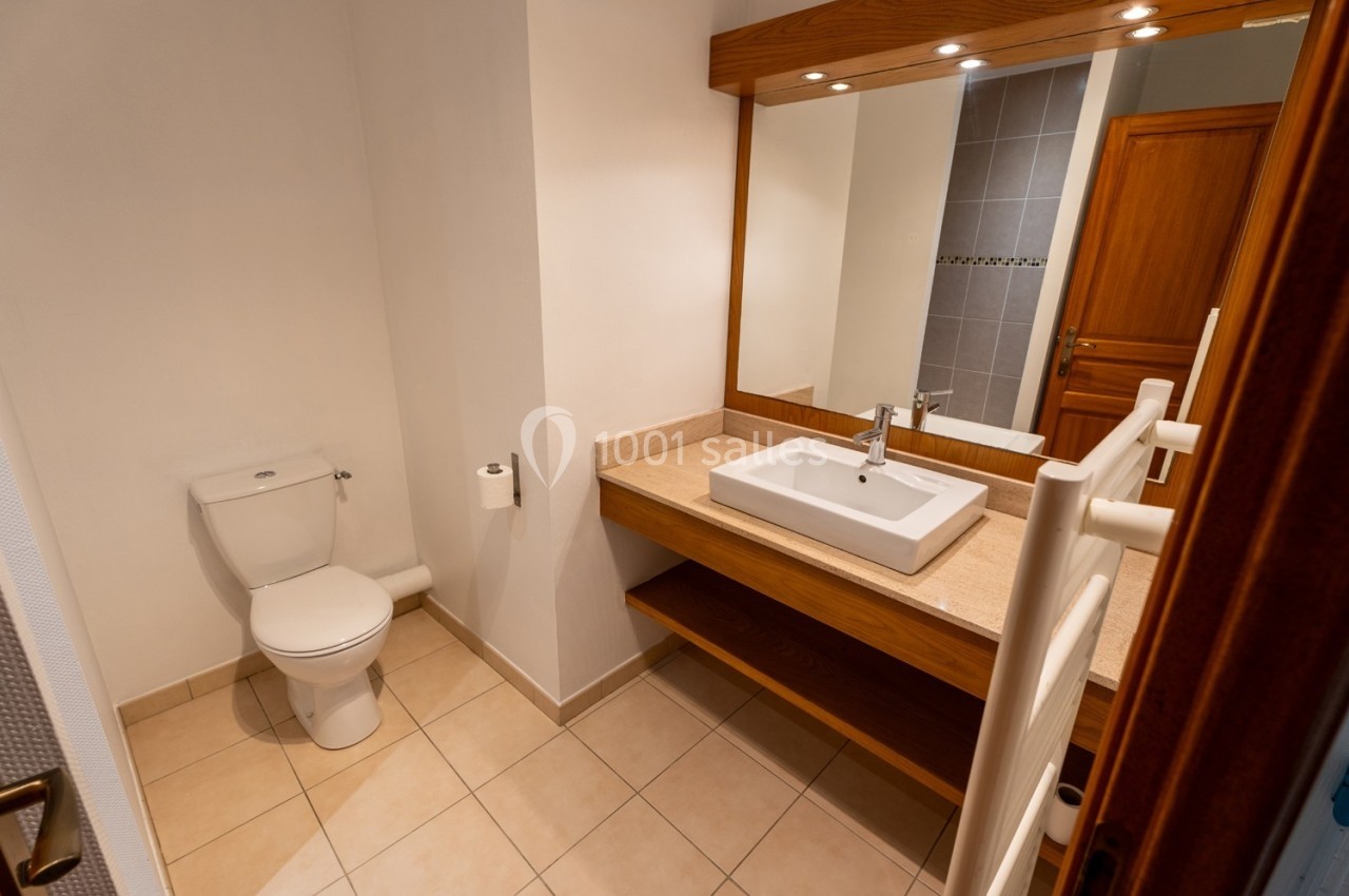 Salle de bain avec toilettes, lavabo sur plan en bois, grand miroir et carrelage beige au sol.