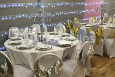 Miniature Location salle Bagnolet (Seine-Saint-Denis) - La Girafe #19 Salle décorée pour un événement avec tables rondes, nappes blanches, chaises ornées de nœuds argentés et dorés, éclairage…