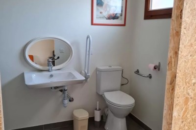 Miniature Location salle Nort-sur-Erdre (Loire-Atlantique) - La Chalan d'Hier #63 Toilettes accessibles avec lavabo, barre d'appui, miroir ovale, et fenêtre apportant de la lumière naturelle.