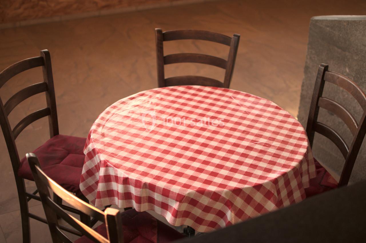 Table ronde avec une nappe à carreaux rouges et blancs entourée de quatre chaises en bois dans un intérieur sobre.