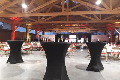 Vue aérienne d'un château entouré de neige, avec une petite ville et un paysage hivernal en arrière-plan.