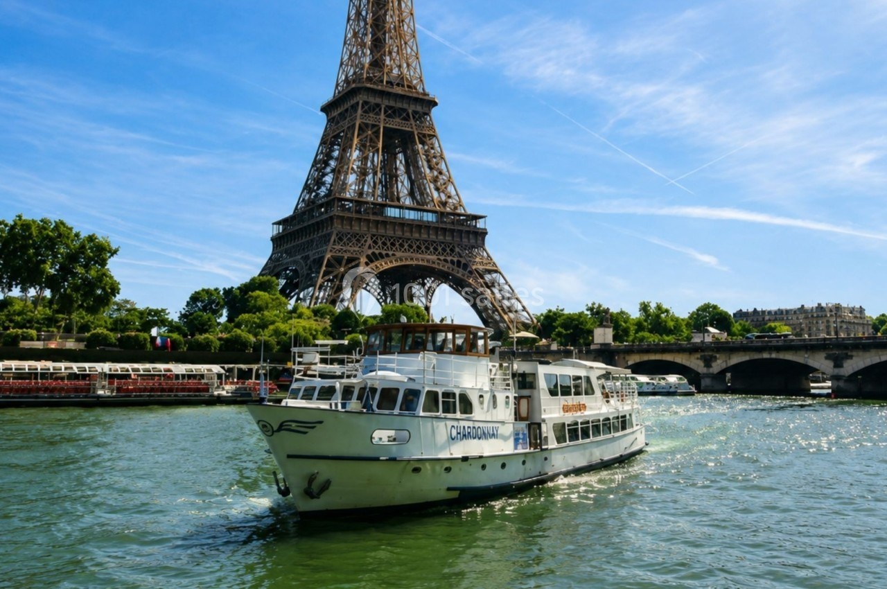 Bateau de tourisme naviguant sur la Seine avec la tour Eiffel et un pont en arrière-plan par une journée ensoleillée.