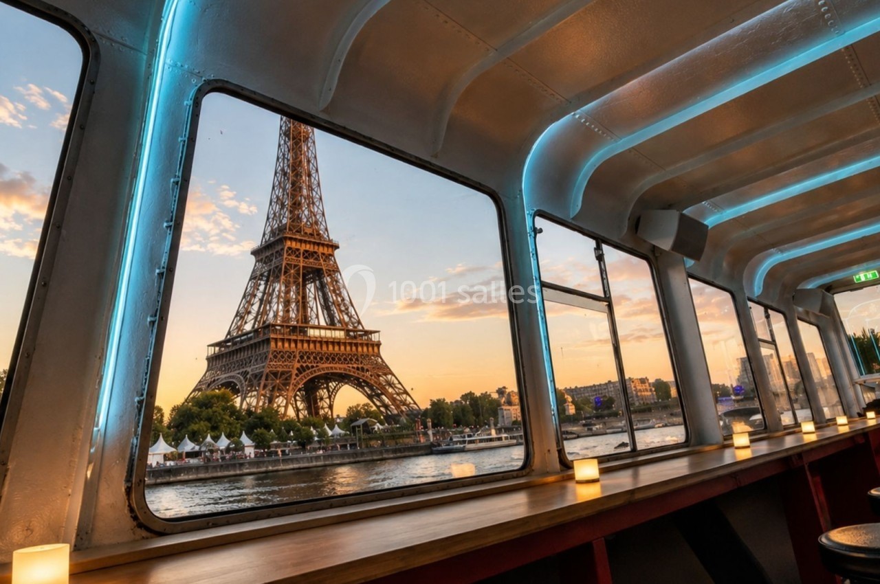 Vue de la tour Eiffel au coucher du soleil depuis l'intérieur éclairé d'un bateau sur la Seine.