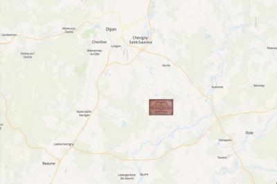 Carte montrant une région autour de Dijon, en France, avec des villes et routes principales visibles.