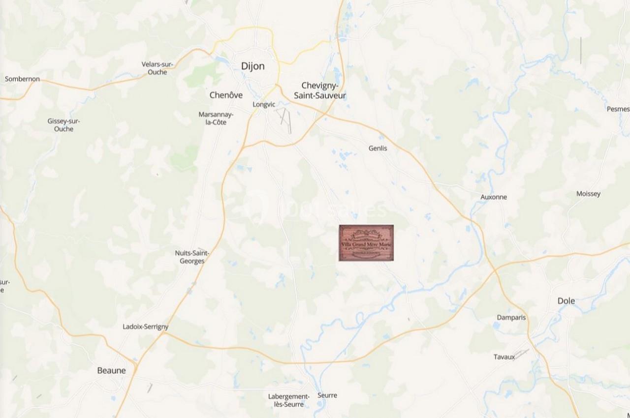 Carte montrant une région autour de Dijon, en France, avec des villes et routes principales visibles.