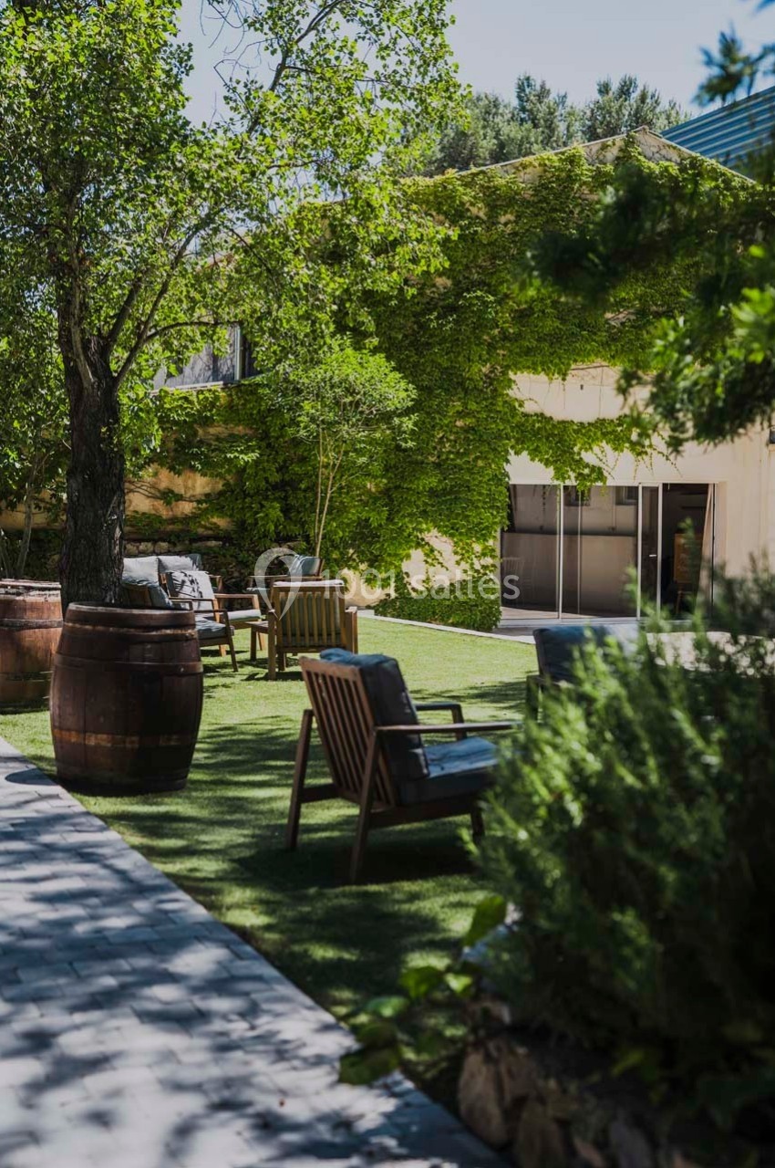 Espace extérieur avec chaises en bois, tonneaux et mur recouvert de végétation, entouré d'arbres et de verdure.