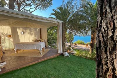 Salon lumineux avec canapé blanc, table basse, bureau près de la fenêtre et vue sur un jardin verdoyant.