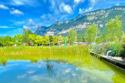 Étang entouré de végétation avec des montagnes en arrière-plan sous un ciel bleu parsemé de nuages.