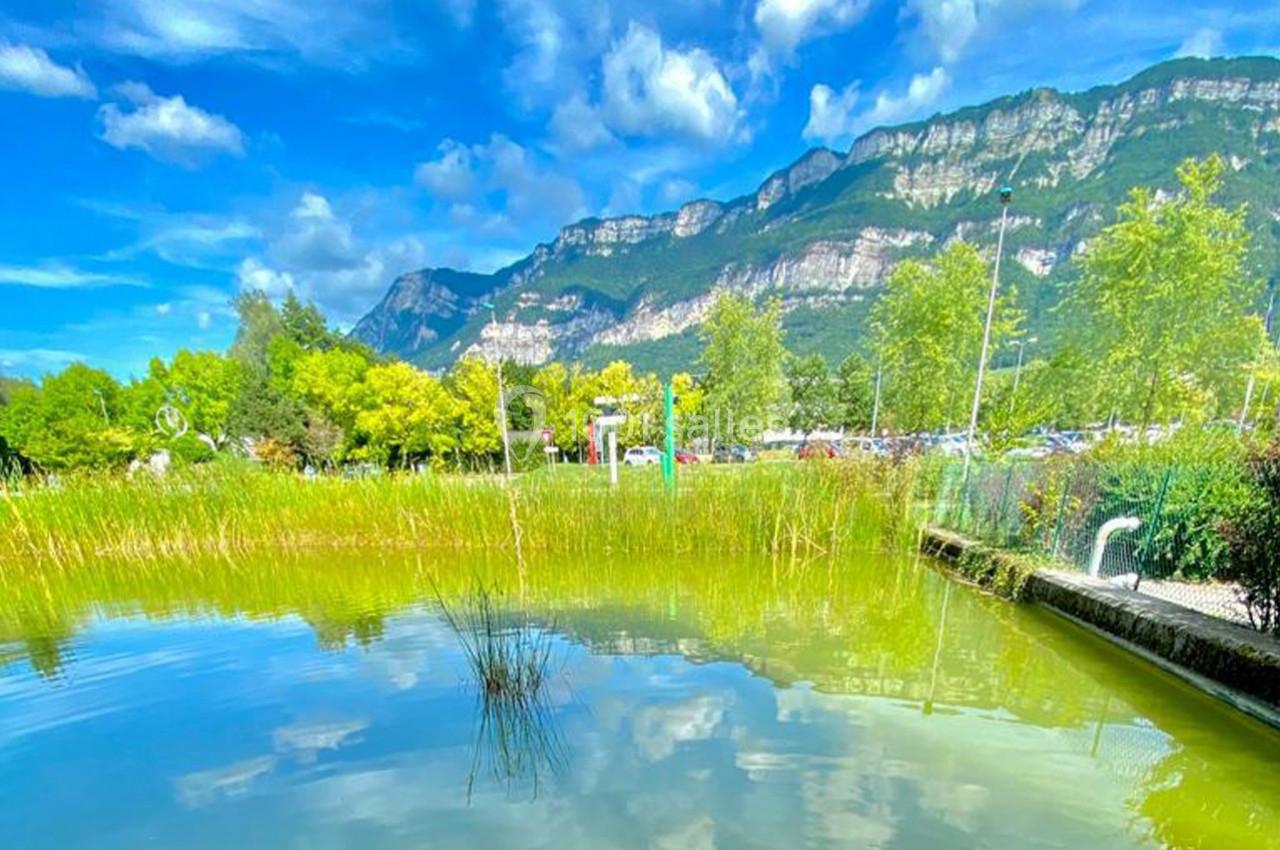 Étang entouré de végétation avec des montagnes en arrière-plan sous un ciel bleu parsemé de nuages.